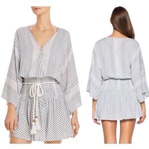 SOLUNA Sundance White Black Smocked Waist Dress Tunic Swim Cover Up Sz M